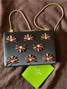 kate spade Black Satin Jeweled Clutch with Red and Gold Accents